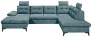 Großes, modernes U-förmiges Sofa in blauer Farbe mit verstellbaren Kopfstützen, aus der Vorderansicht fotografiert.
