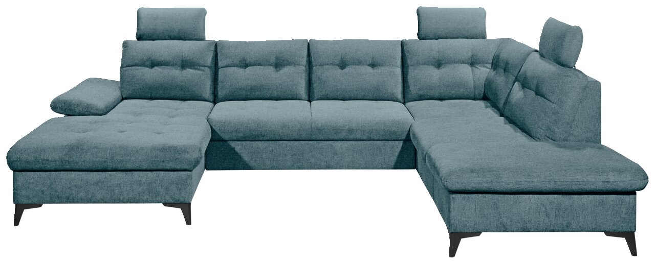 Großes, modernes U-förmiges Sofa in blauer Farbe mit verstellbaren Kopfstützen, aus der Vorderansicht fotografiert.