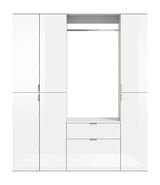 Weiße Garderobenkombination mit mehreren Schränken und Schubladen, frontal betrachtet.