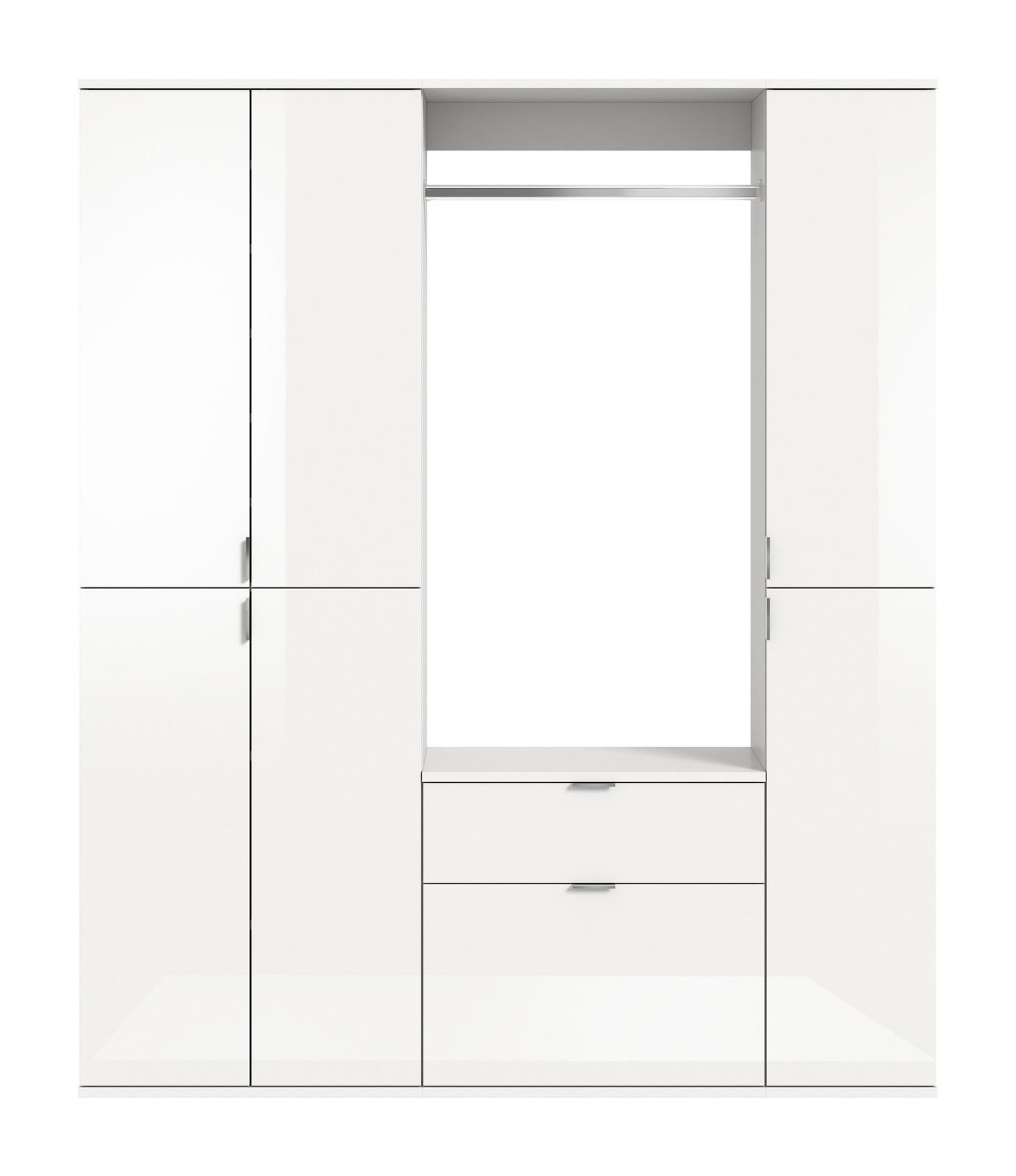 Weiße Garderobenkombination mit mehreren Schränken und Schubladen, frontal betrachtet.