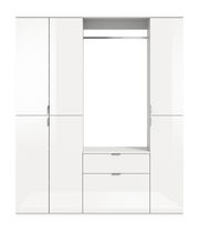 Weiße Garderobenkombination mit mehreren Schränken und Schubladen, frontal betrachtet.