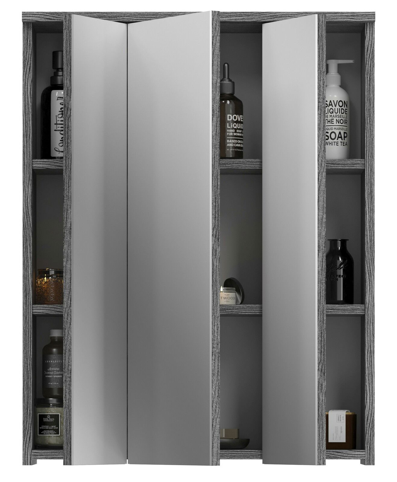 Moderner Spiegelschrank mit grauen Türen und seitlichen Regalen, frontal betrachtet.