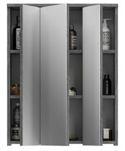 Moderner Spiegelschrank mit grauen Türen und seitlichen Regalen, frontal betrachtet.