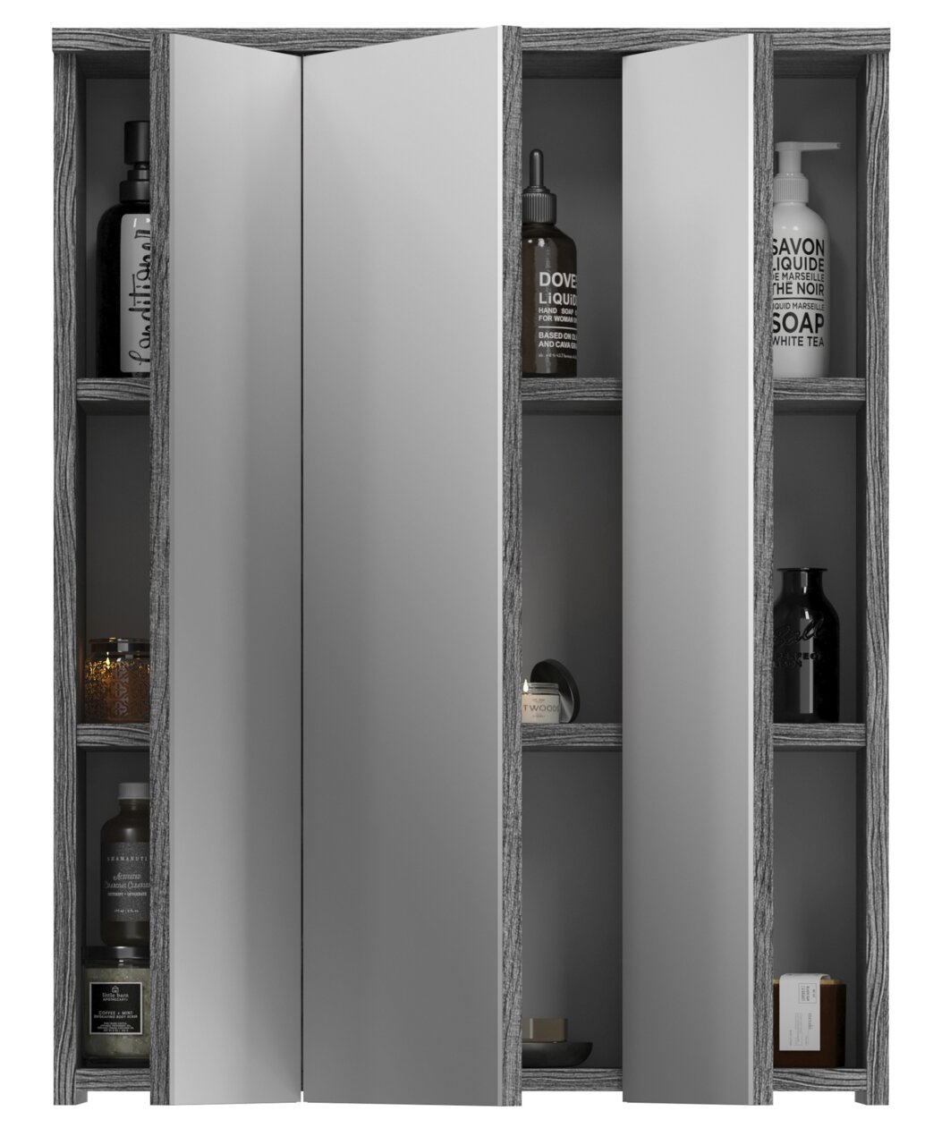 Moderner Spiegelschrank mit grauen Türen und seitlichen Regalen, frontal betrachtet.