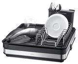 Abtropfgestell SMARTLINE aus Edelstahl und Kunststoff, seitliche Perspektive, mit Geschirr und Besteck.