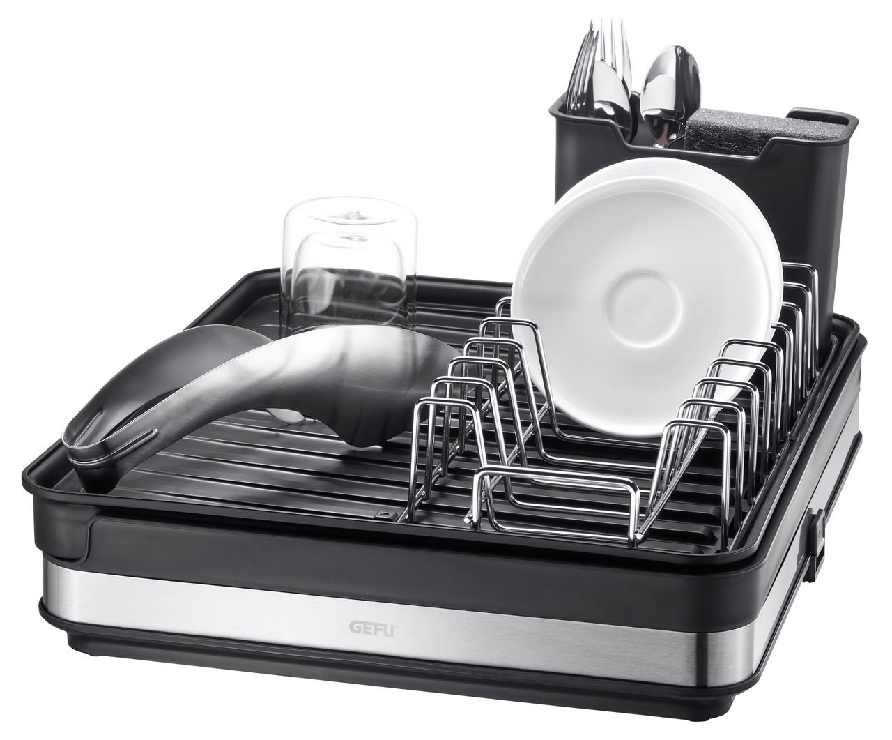 Abtropfgestell SMARTLINE aus Edelstahl und Kunststoff, seitliche Perspektive, mit Geschirr und Besteck.