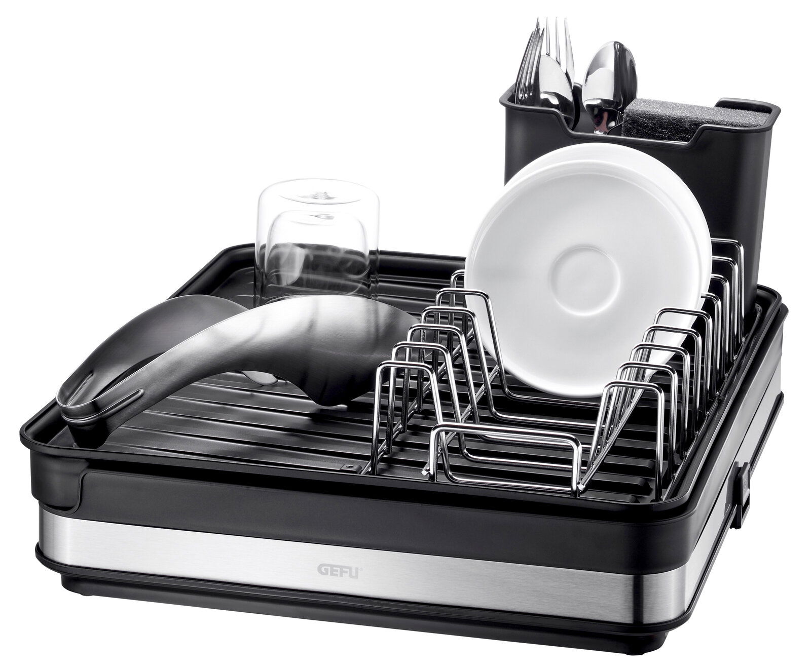 Abtropfgestell SMARTLINE aus Edelstahl und Kunststoff, seitliche Perspektive, mit Geschirr und Besteck.