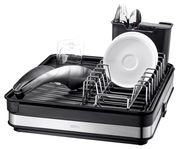 Abtropfgestell SMARTLINE aus Edelstahl und Kunststoff, seitliche Perspektive, mit Geschirr und Besteck.