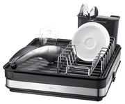 Abtropfgestell SMARTLINE aus Edelstahl und Kunststoff, seitliche Perspektive, mit Geschirr und Besteck.