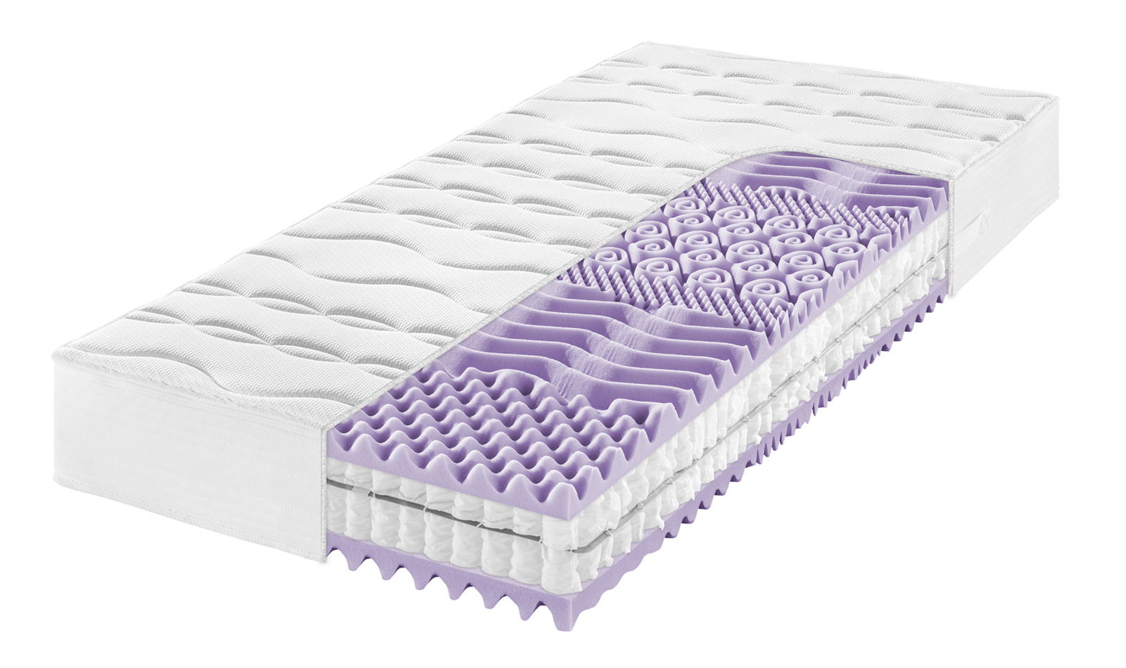 7-Zonen-TTFK-Matratze mit sichtbarem Querschnitt, der die verschiedenen Schichten und Zonen der Matratze zeigt, perspektivisch von der Seite dargestellt.