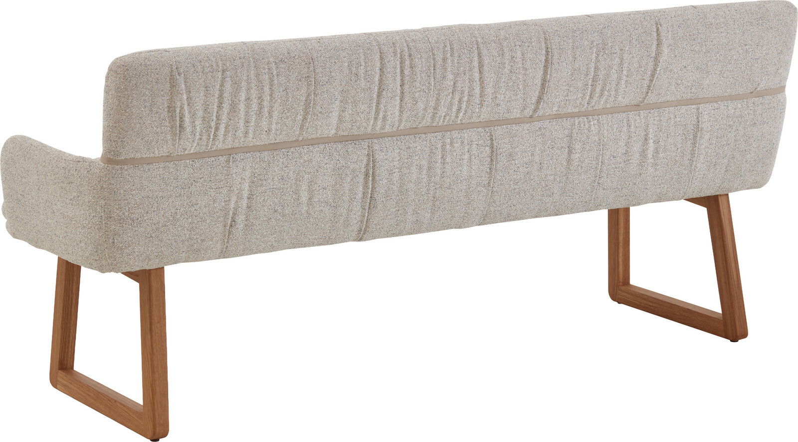 Valdera Sitzbank TREVISO Gepolsterte Sitzbank mit hellbeigem Stoffbezug und Holzgestell, Rückansicht in leichter Schrägperspektive von hinten