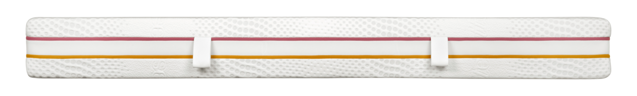 Seitenansicht einer Matratze 200x200 mit zwei farbigen Streifen und Tragegriffen.