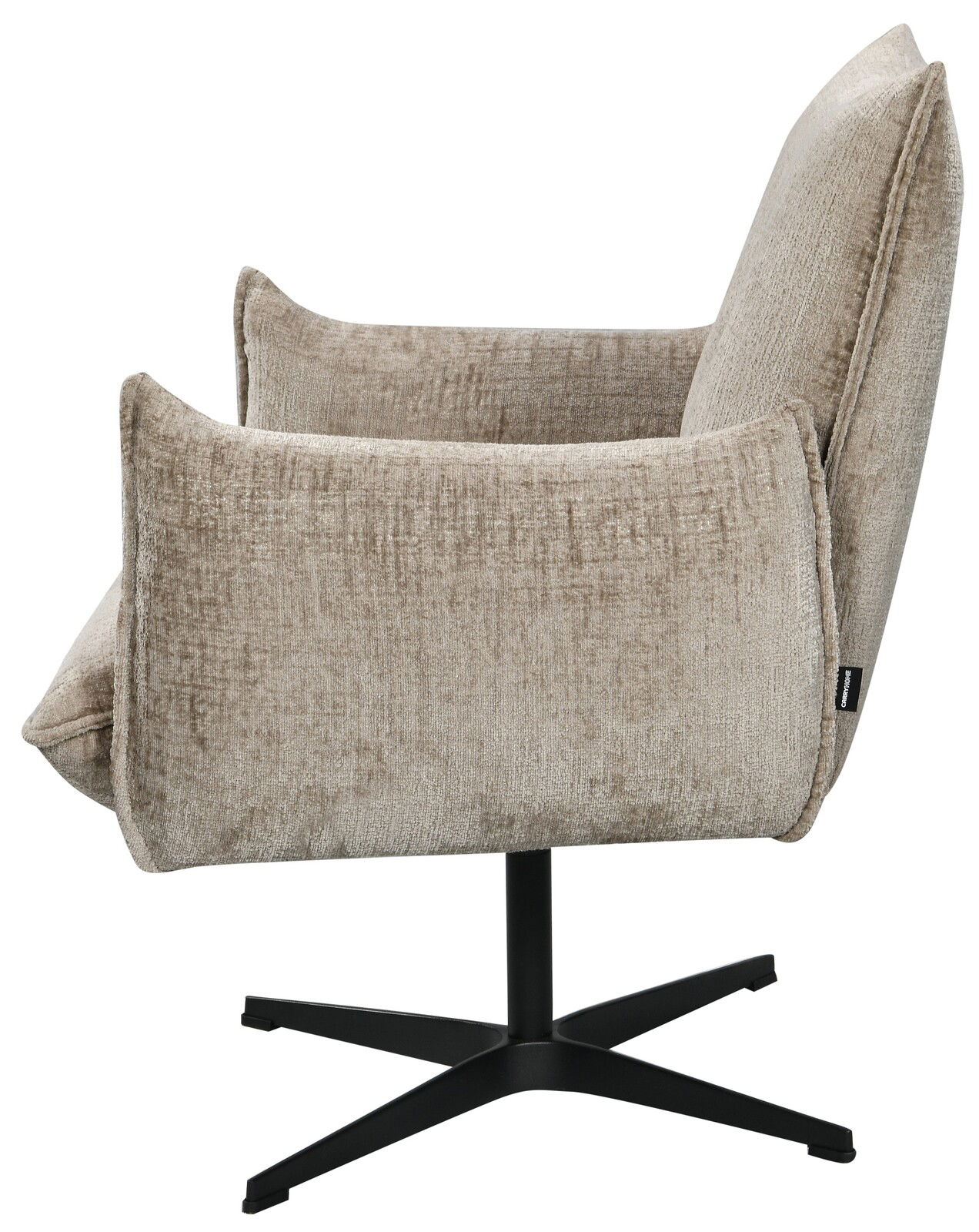 Seitenansicht eines beigen Relaxsessels mit schwarzem Drehfuß.