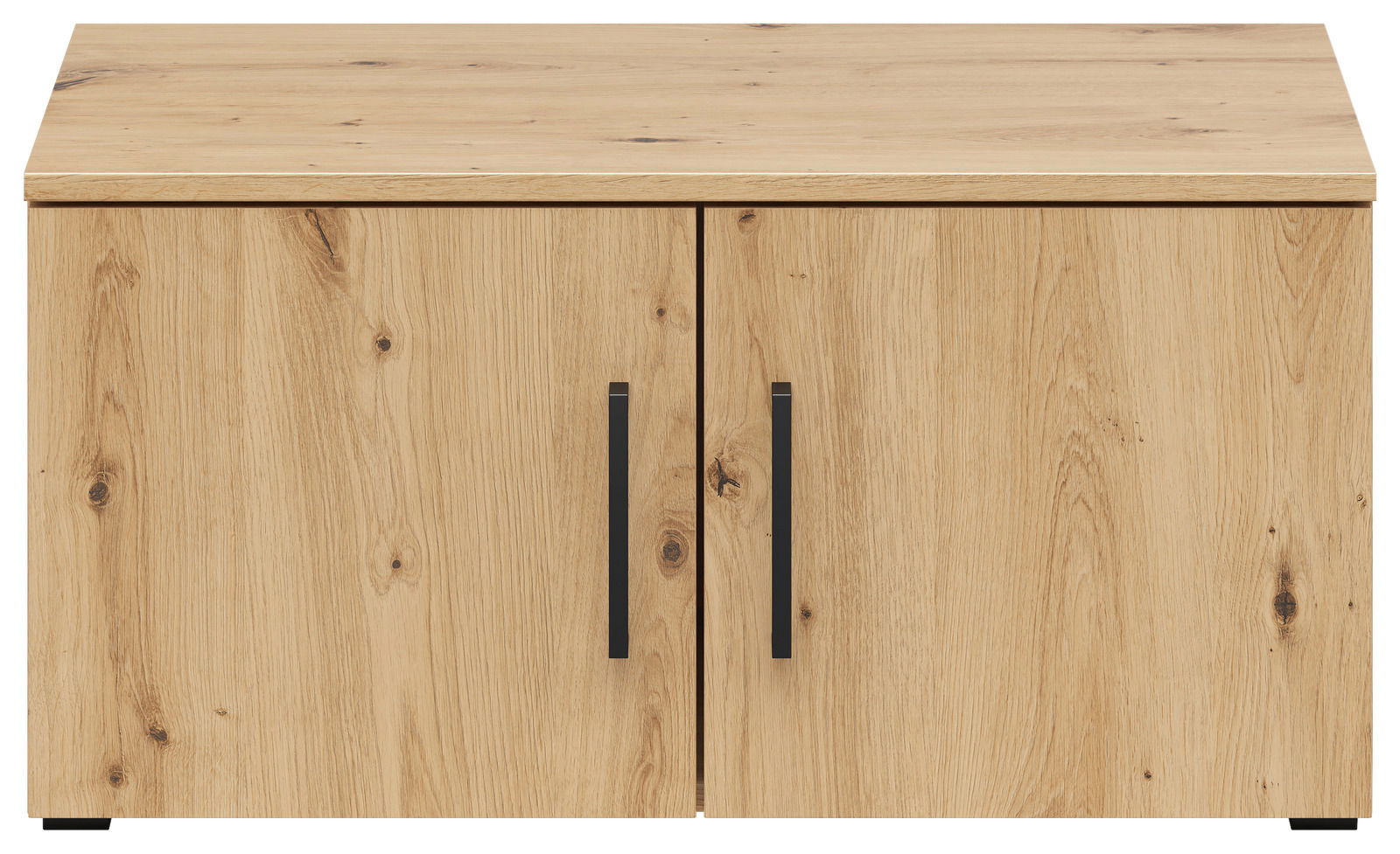 Frontansicht eines Aufsatzschranks aus Holz mit zwei Türen und schwarzen Griffen.