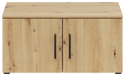 Frontansicht eines Aufsatzschranks aus Holz mit zwei Türen und schwarzen Griffen.