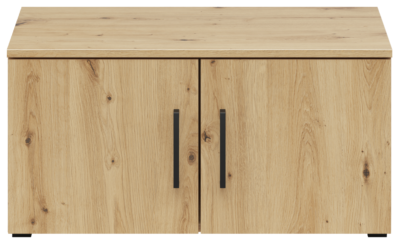 Frontansicht eines Aufsatzschranks aus Holz mit zwei Türen und schwarzen Griffen.