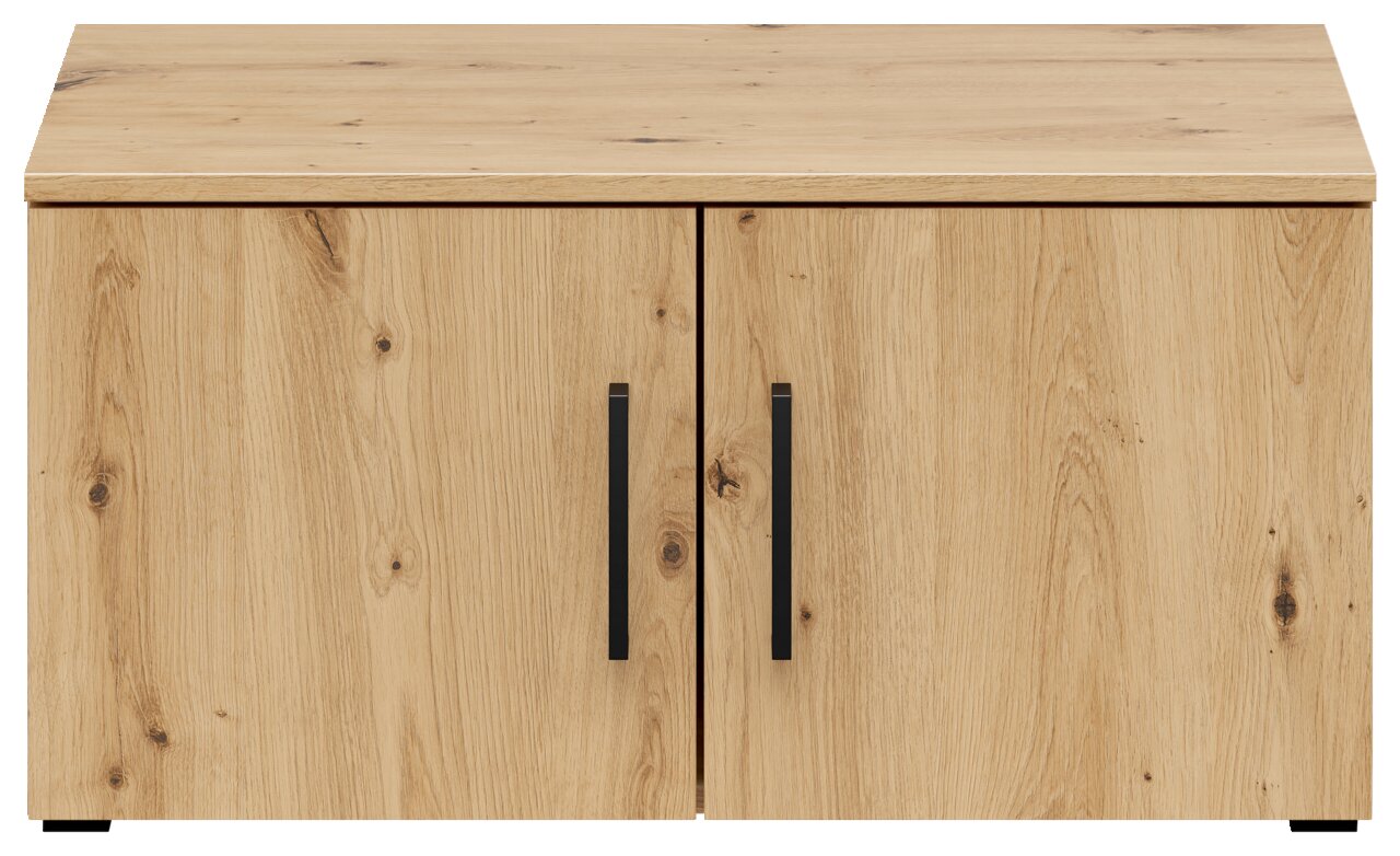 Frontansicht eines Aufsatzschranks aus Holz mit zwei Türen und schwarzen Griffen.