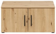 Frontansicht eines Aufsatzschranks aus Holz mit zwei Türen und schwarzen Griffen.