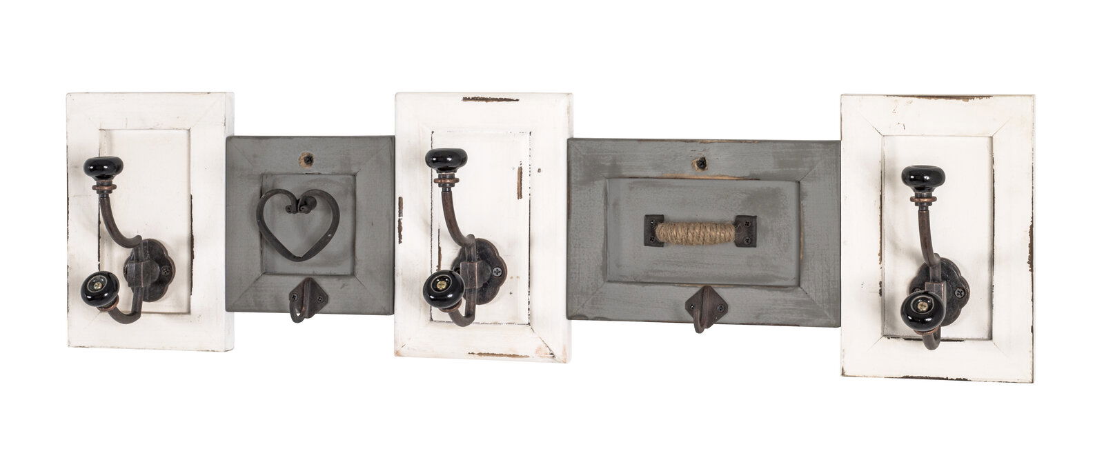 Wandgarderobe mit vier Haken, zwei in Weiß und zwei in Grau, aus der Frontalperspektive.