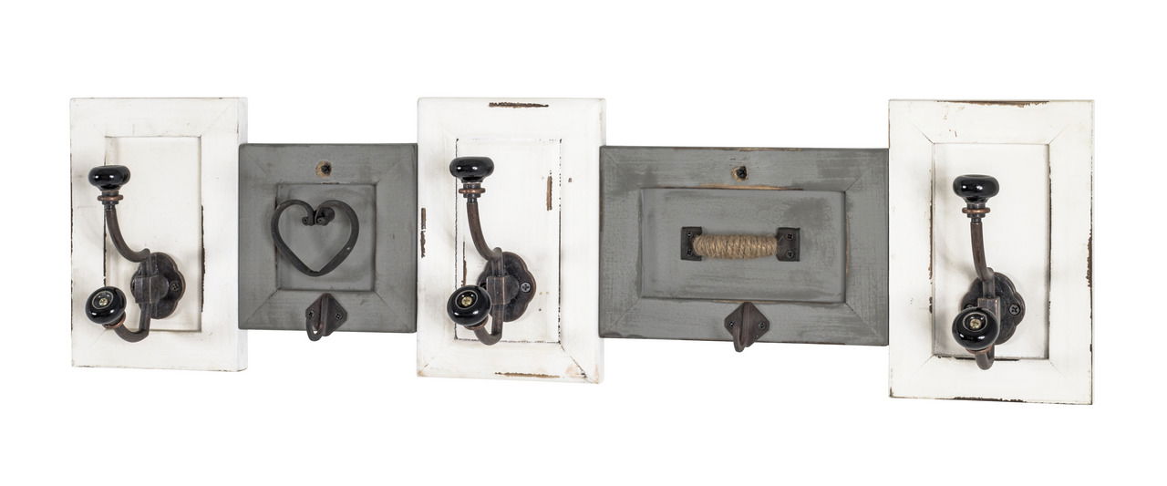 Wandgarderobe mit vier Haken, zwei in Weiß und zwei in Grau, aus der Frontalperspektive.