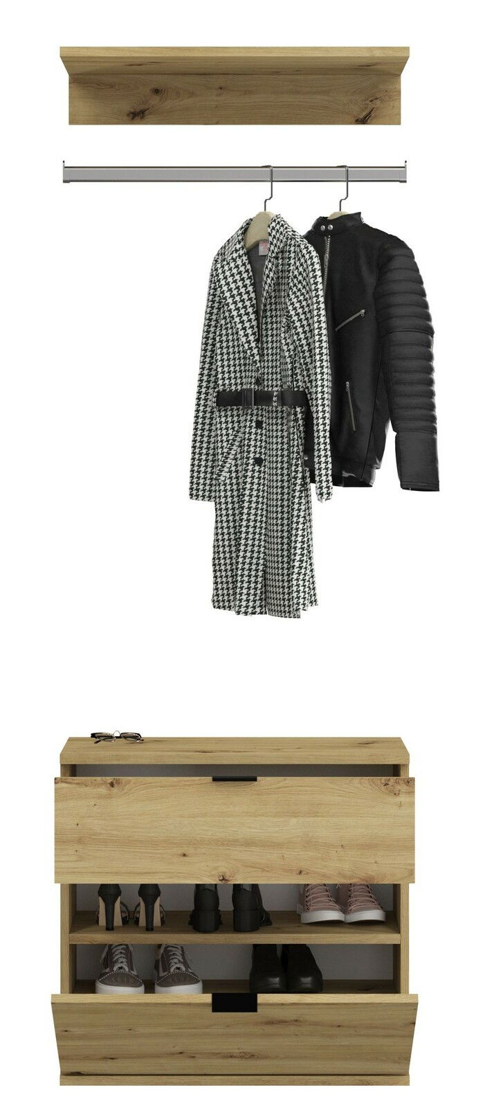 Garderobenkombination aus Holz mit Kleiderstange und Schuhregal, frontal betrachtet.