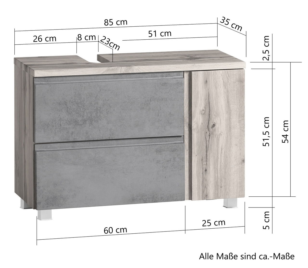 Waschbeckenunterschrank in Holzoptik mit grauen Fronten, Maße: 85 cm Breite, 54 cm Höhe, 35 cm Tiefe, Frontansicht