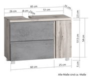 Waschbeckenunterschrank in Holzoptik mit grauen Fronten, Maße: 85 cm Breite, 54 cm Höhe, 35 cm Tiefe, Frontansicht