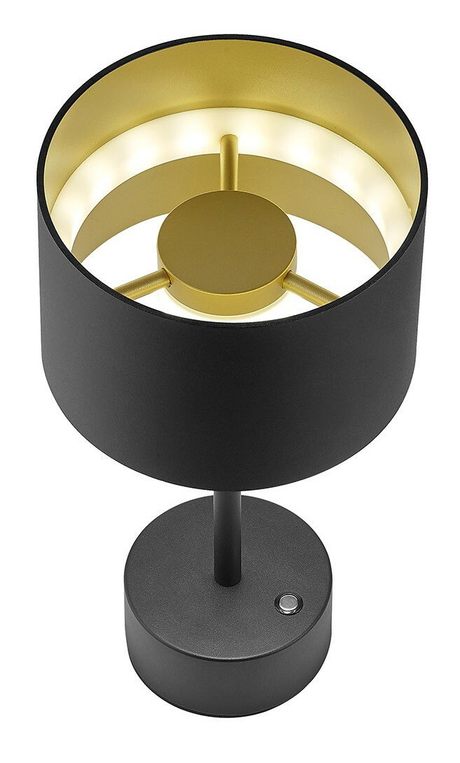 Moderne Akku-Tischleuchte in Schwarz und Gold, von oben fotografiert, mit rundem Sockel und Schalter.