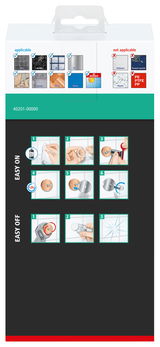 Rückseite der Verpackung des tesa Aluxx Duschkorbs einstöckig, zeigt Anwendungsanweisungen und geeignete Oberflächen.