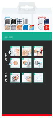 Rückseite der Verpackung des tesa Aluxx Duschkorbs einstöckig, zeigt Anwendungsanweisungen und geeignete Oberflächen.