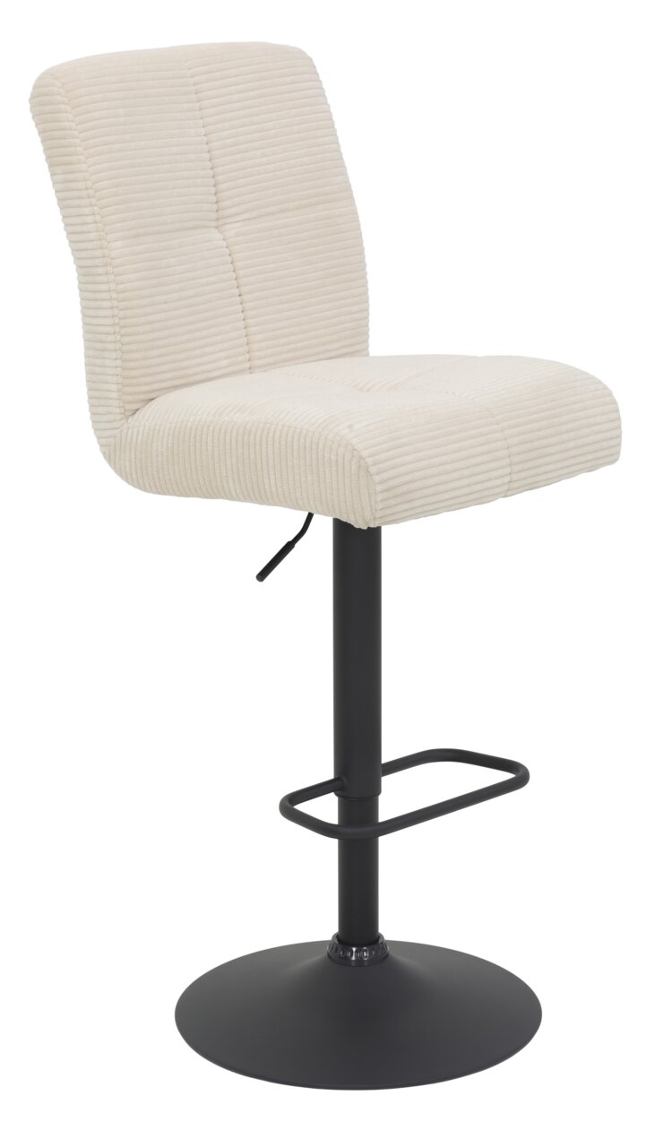 Beiger Barhocker mit gepolsterter Sitzfläche und Rückenlehne, schwarzem Metallfuß und Fußstütze, seitliche Perspektive