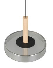 Nahaufnahme einer modernen Pendelleuchte Celeste mit einem runden, transparenten Schirm und einem zylindrischen Holzelement in der Mitte, von oben betrachtet.