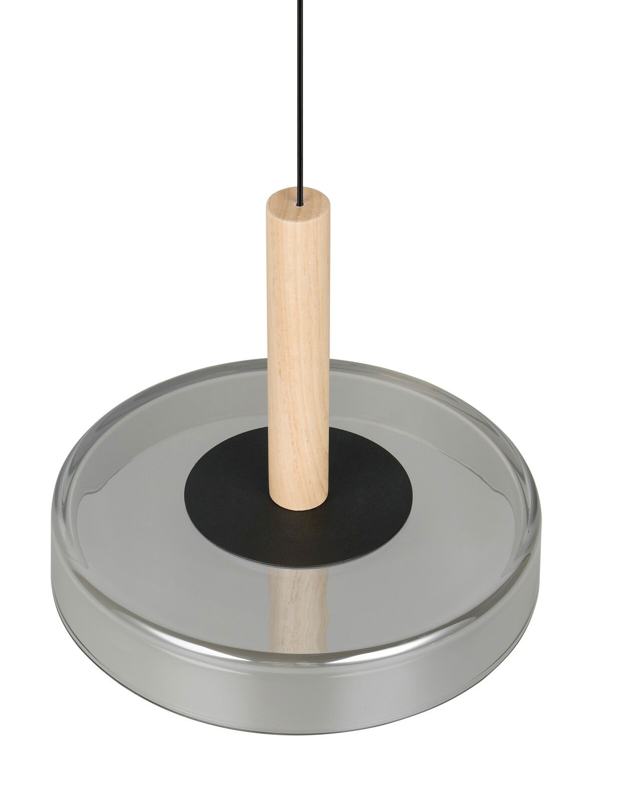 Nahaufnahme einer modernen Pendelleuchte Celeste mit einem runden, transparenten Schirm und einem zylindrischen Holzelement in der Mitte, von oben betrachtet.