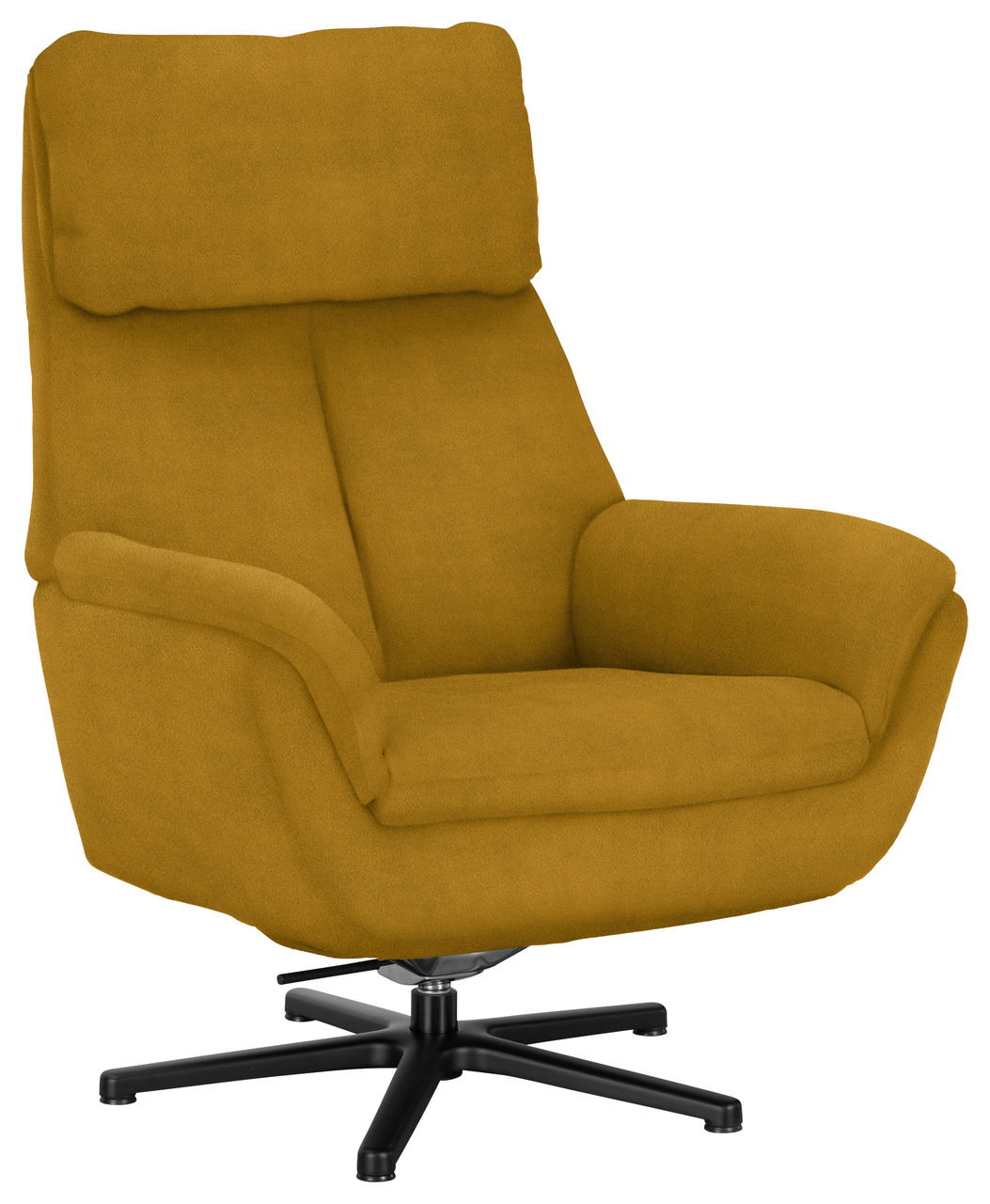 Gelber Sessel mit schwarzem Drehfuß, seitliche Perspektive