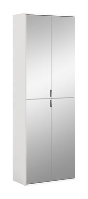 Moderner Spiegelschrank mit vier Türen, perspektivisch von vorne links gezeigt.