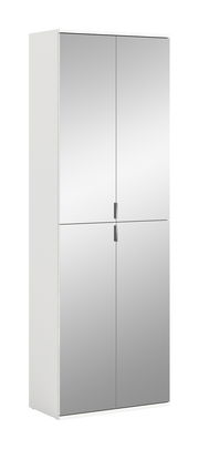 Moderner Spiegelschrank mit vier Türen, perspektivisch von vorne links gezeigt.
