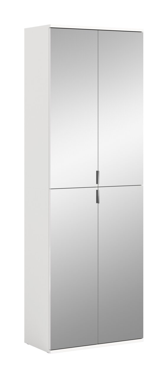 Moderner Spiegelschrank mit vier Türen, perspektivisch von vorne links gezeigt.
