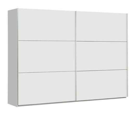 Moderner, zweiflügeliger Schwebetürenschrank in Weiß, seitliche Perspektive