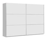 Moderner, zweiflügeliger Schwebetürenschrank in Weiß, seitliche Perspektive