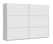 Moderner, zweiflügeliger Schwebetürenschrank in Weiß, seitliche Perspektive