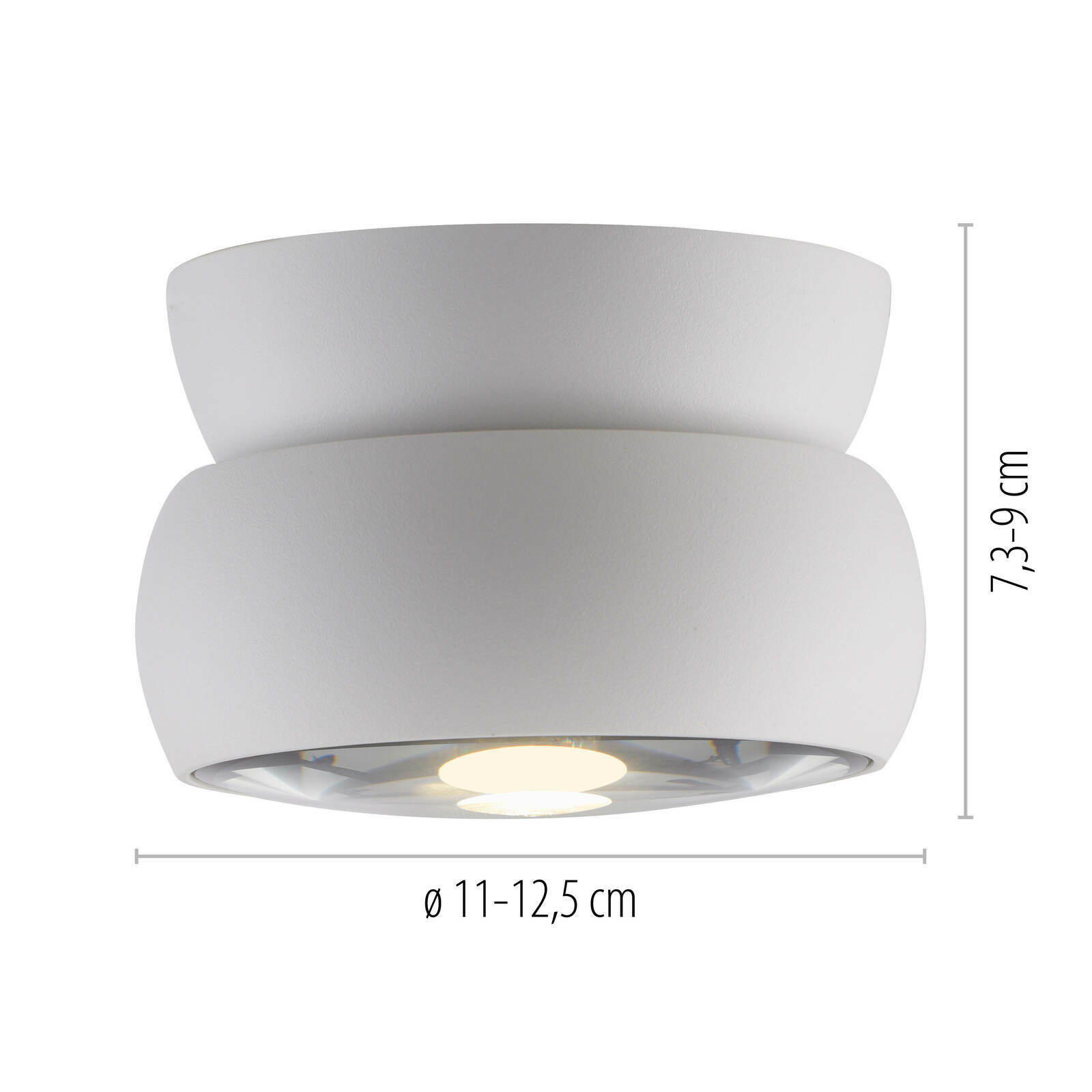 LED-Deckenleuchte in Weiß, seitliche Perspektive, Durchmesser 11-12,5 cm, Höhe 7,3-9 cm
