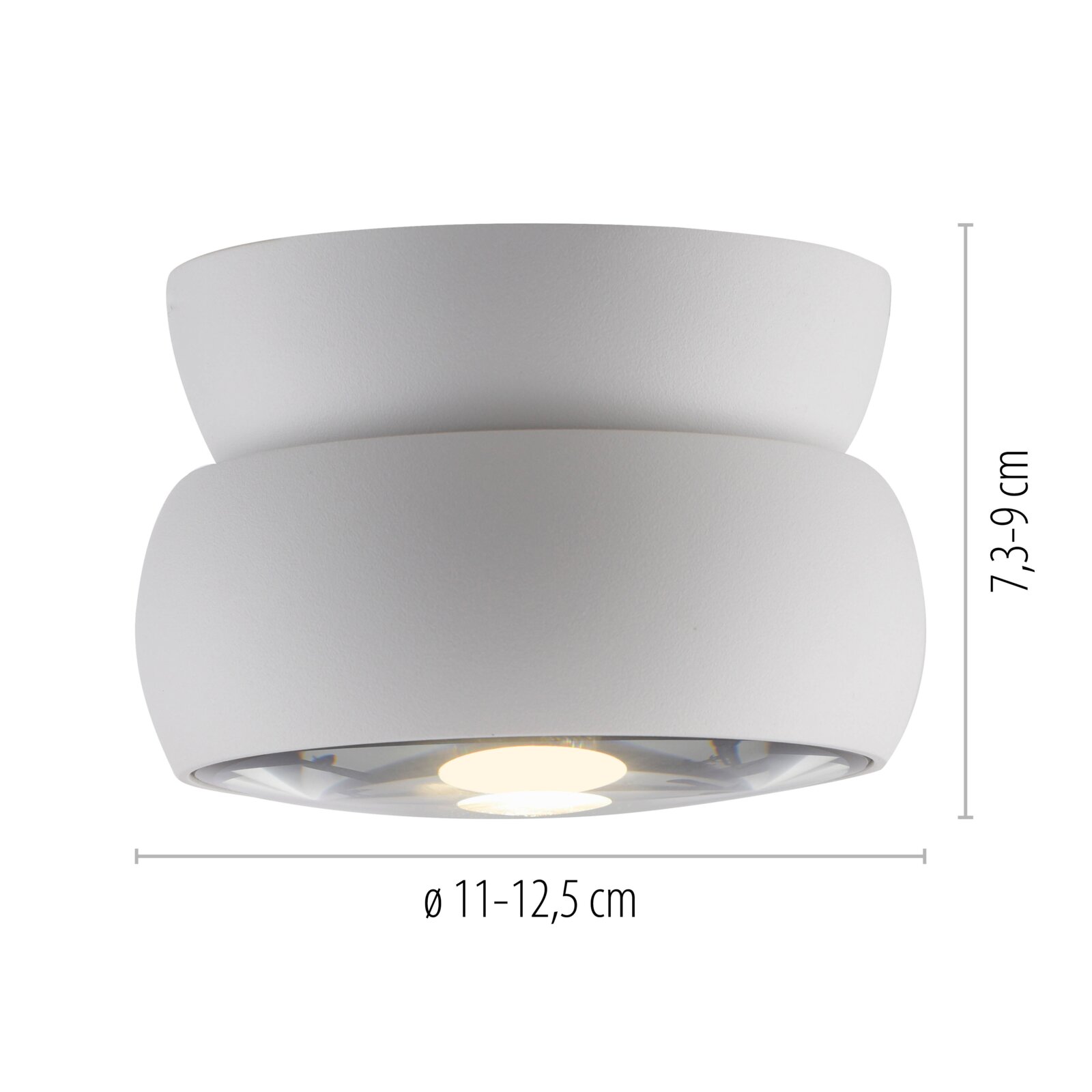 LED-plafondlamp in wit, zijaanzicht, diameter 11-12,5 cm, hoogte 7,3-9 cm