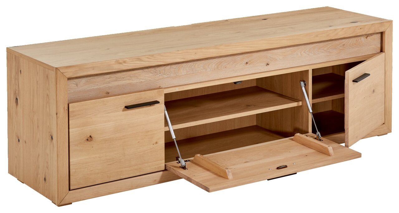 Holz-Lowboard mit offenen Türen und Klappen, seitliche Perspektive