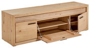 Holz-Lowboard mit offenen Türen und Klappen, seitliche Perspektive