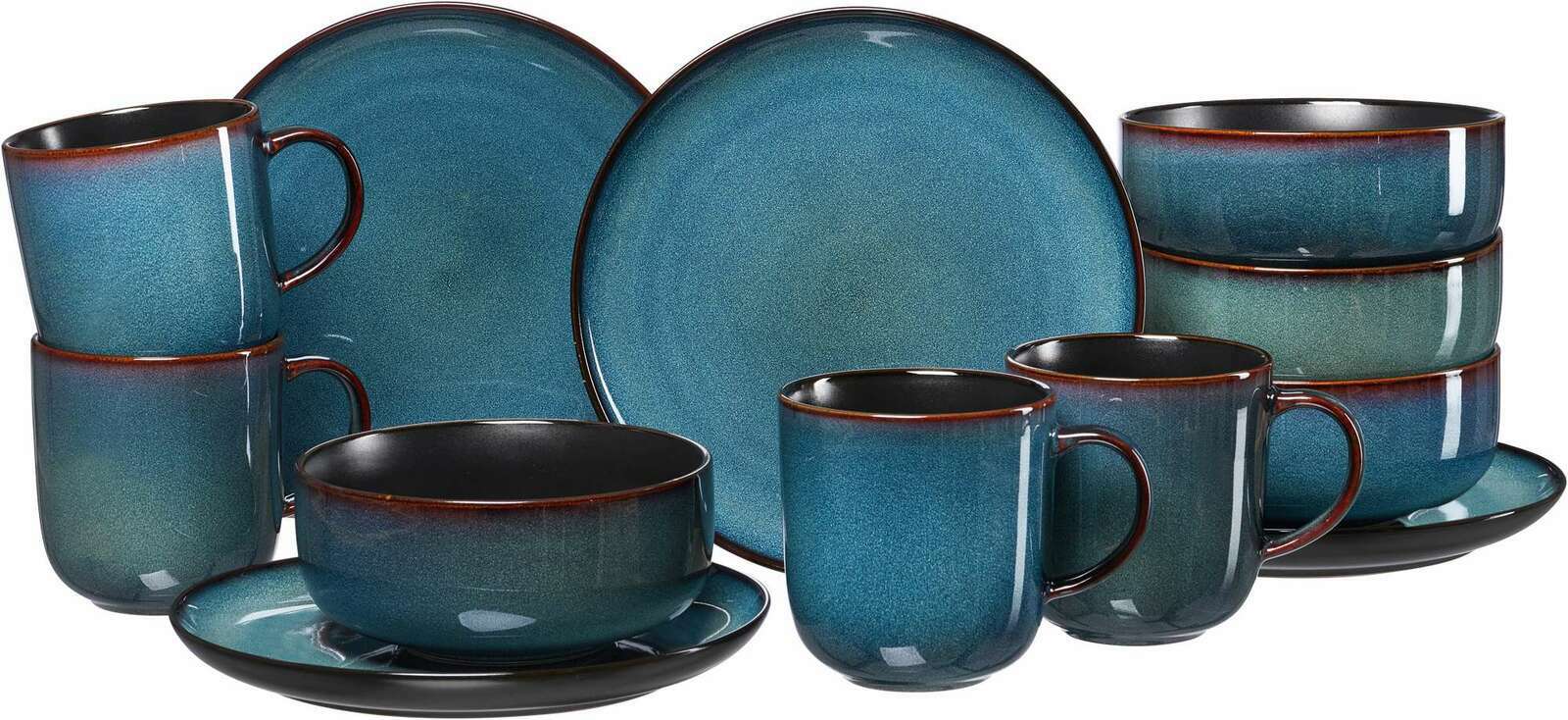 Ritzenhoff & Breker Frühstücksset 12-tlg. BALI Frontalansicht eines 12-teiligen Frühstückssets in Blau mit Tassen, Schalen und Tellern im Bali-Design.