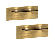 Wandmontiertes Holzpaneel in Eiche-Optik mit schwarzem Ablageboard und zwei runden LED-Leuchten, warmes Licht nach oben und unten, schräg von vorn in zwei Ansichten dargestellt