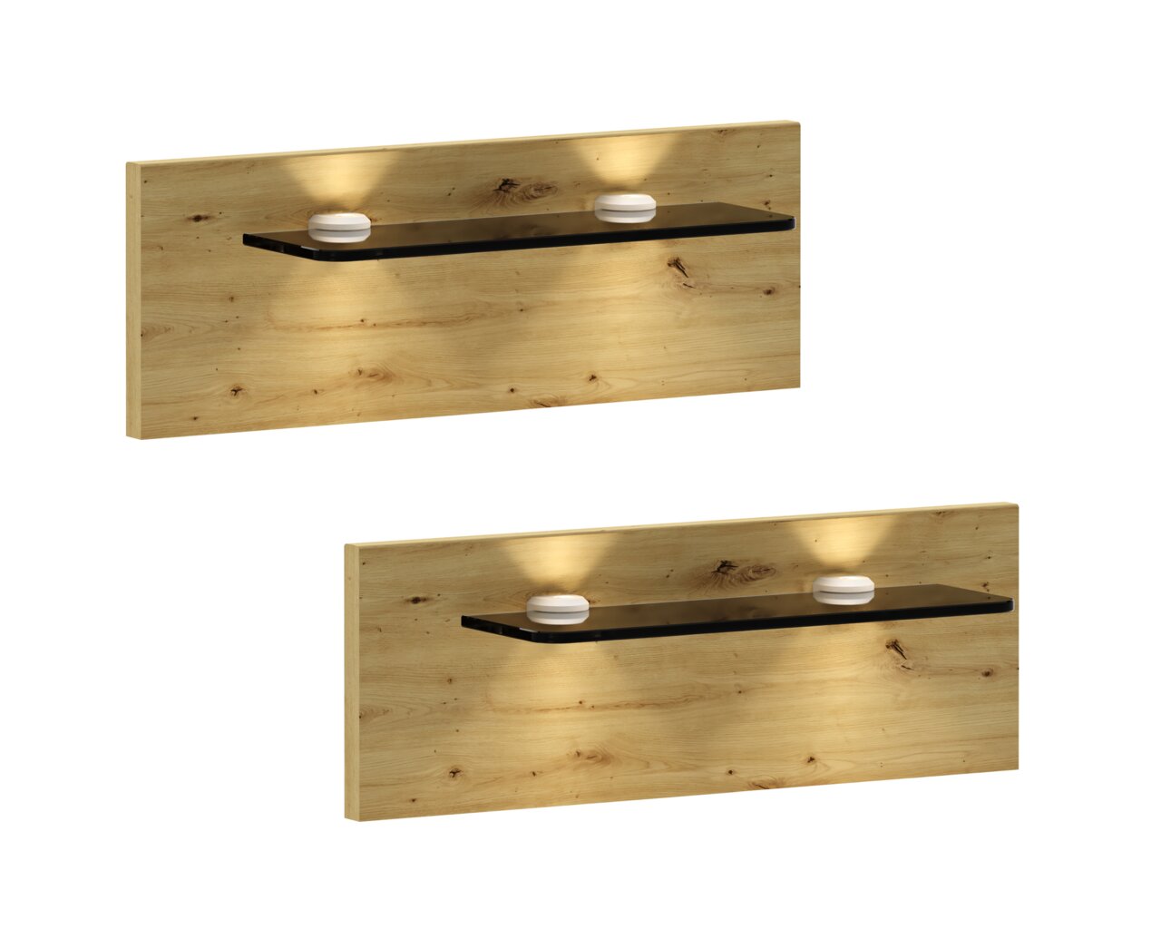 Linea Natura Nachtkastjespanelen (set van twee) CARDIFF Wandgemonteerd houten paneel in eikenlook met een zwart legplankje en twee ronde ledlampjes, die warm licht naar boven en beneden verspreiden, schuin van voren afgebeeld in twee aanzichten