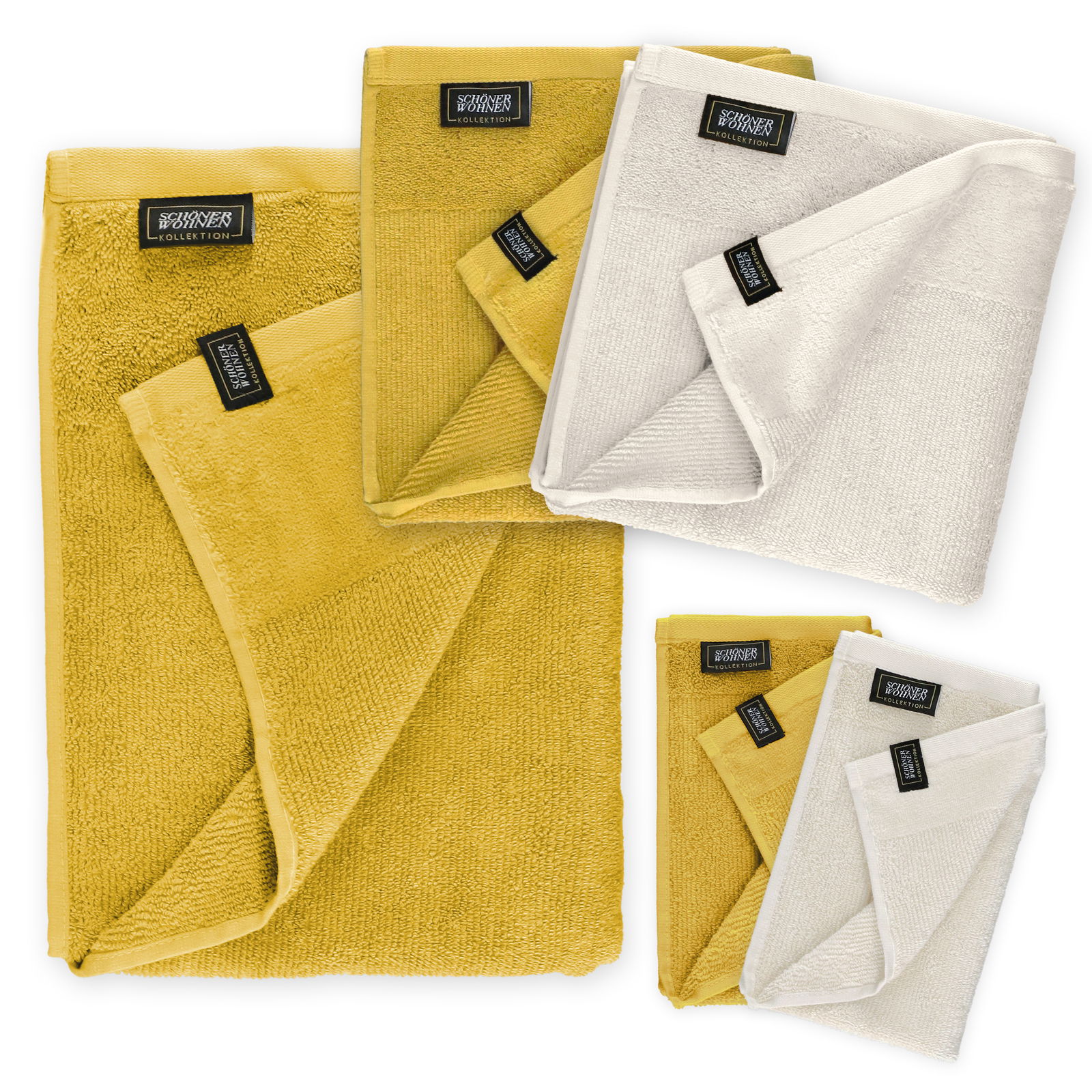 Frottierset 5-teilig Schöner Wohnen in Gelb und Weiß, ausgebreitet in Vogelperspektive