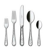 Weihnachtlich verziertes Tafelbesteck-Set aus Edelstahl, bestehend aus Gabel, Messer, Löffel und Teelöffel, frontal abgebildet.