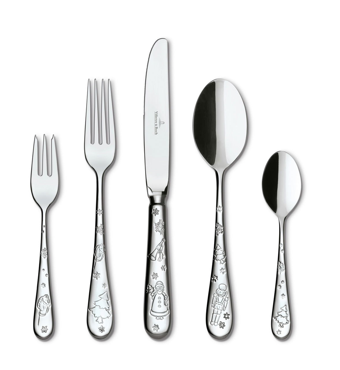 Weihnachtlich verziertes Tafelbesteck-Set aus Edelstahl, bestehend aus Gabel, Messer, Löffel und Teelöffel, frontal abgebildet.